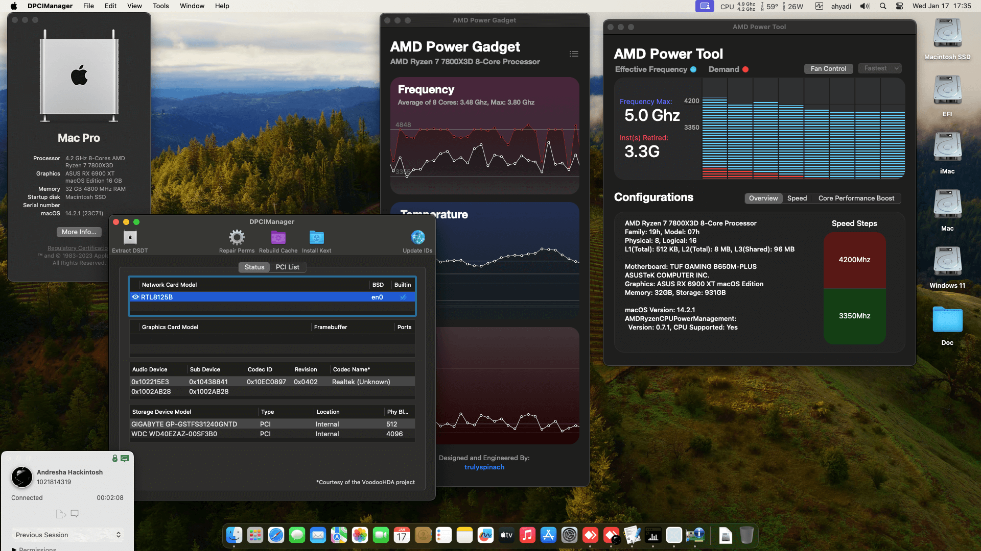 Success Hackintosh macOS Sonoma 14.2.1 Build 23C71 in Asus TUF Gaming B650M-PLUS + AMD Ryzen 7 7800X3D + Asus RX 6900 XT